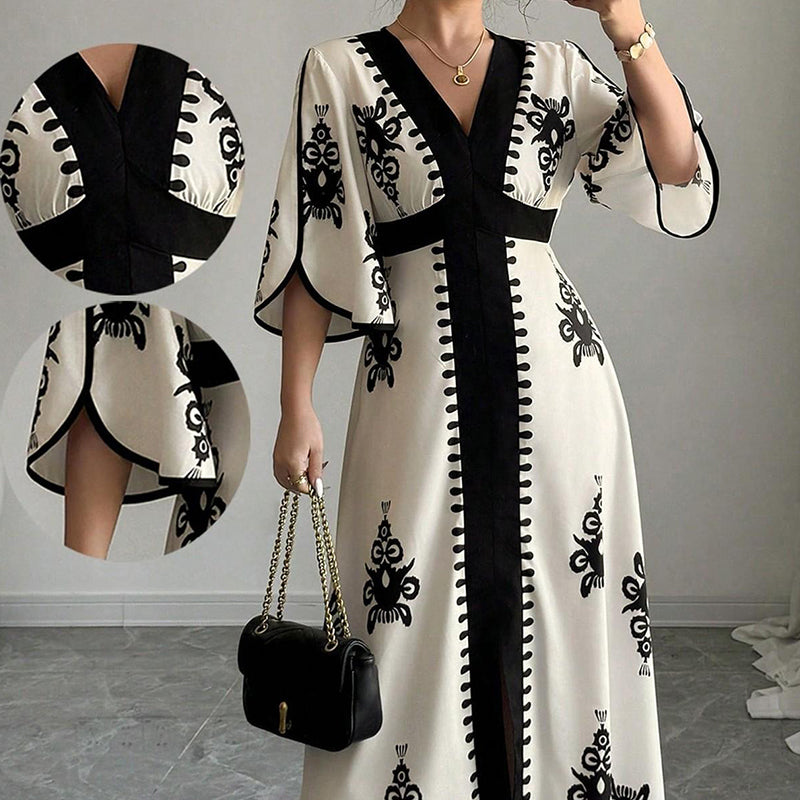 👗⏰ NUR NOCH HEUTE: 50% RABATT! Elegantes Damen Maxikleid mit V-Ausschnitt & Retro-Print – Fließender Stoff, Glockenärmel & kontrastierende schwarze Besätze – Perfekt für Urlaub, Picknick & Abendausflüge ✨