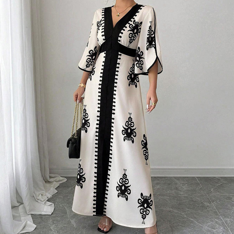👗⏰ NUR NOCH HEUTE: 50% RABATT+Versandkostenfrei! Elegantes Damen Maxikleid mit V-Ausschnitt & Retro-Print – Fließender Stoff, Glockenärmel & kontrastierende schwarze Besätze – Perfekt für Urlaub, Picknick & Abendausflüge ✨
