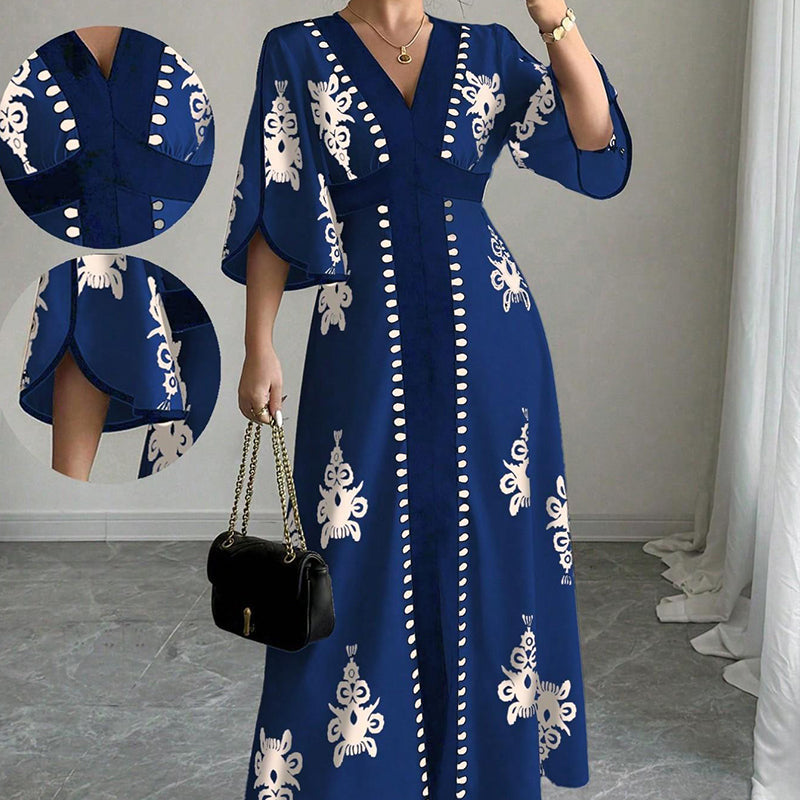 👗⏰ NUR NOCH HEUTE: 50% RABATT+Versandkostenfrei! Elegantes Damen Maxikleid mit V-Ausschnitt & Retro-Print – Fließender Stoff, Glockenärmel & kontrastierende schwarze Besätze – Perfekt für Urlaub, Picknick & Abendausflüge ✨
