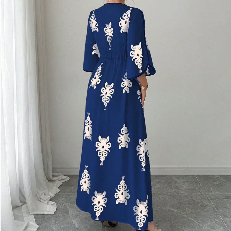 👗⏰ NUR NOCH HEUTE: 50% RABATT! Elegantes Damen Maxikleid mit V-Ausschnitt & Retro-Print – Fließender Stoff, Glockenärmel & kontrastierende schwarze Besätze – Perfekt für Urlaub, Picknick & Abendausflüge ✨