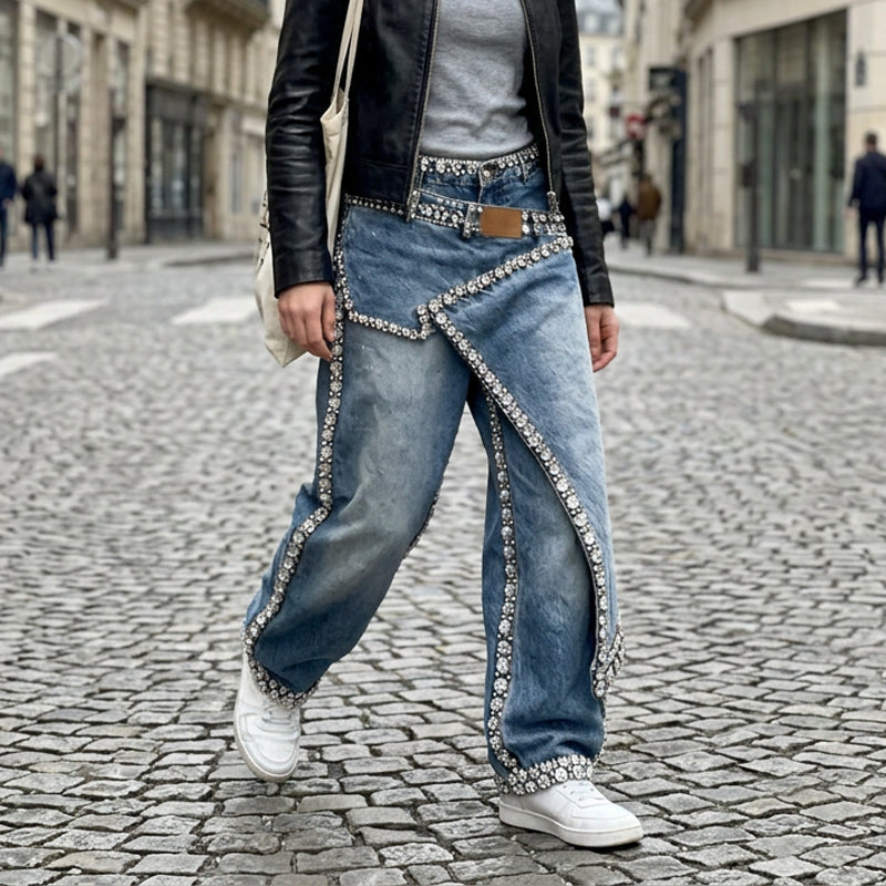 👖✨ 50% RABATT! Damen Weite Jeans mit Strass-Besatz – Hoher Bund, lässiger Wide-Leg & funkelnde Details – Perfekt für Streetstyle & Sommer 🌟