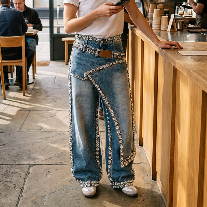 👖✨ 50% RABATT! Damen Weite Jeans mit Strass-Besatz – Hoher Bund, lässiger Wide-Leg & funkelnde Details – Perfekt für Streetstyle & Sommer 🌟