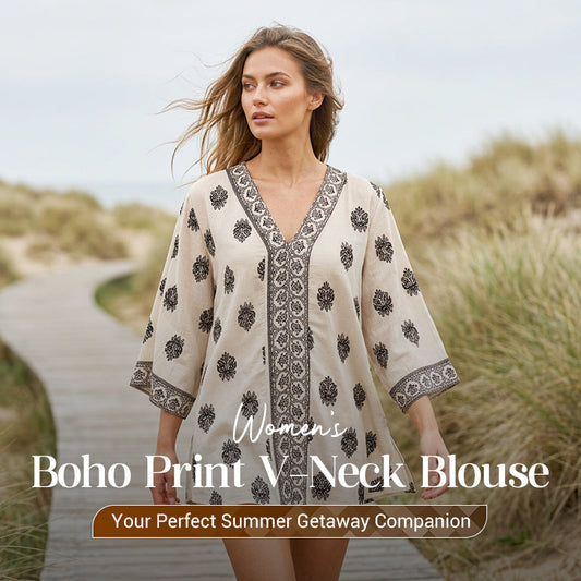 👚🌸 50% RABATT! Damen Boho-Print V-Ausschnitt Bluse – Leicht, luftig & perfekt für Sommer, Alltag & Urlaub ✨