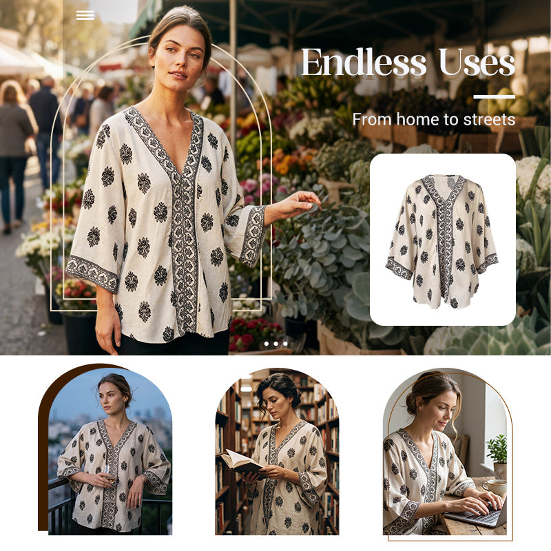 👚🌸 50% RABATT! Damen Boho-Print V-Ausschnitt Bluse – Leicht, luftig & perfekt für Sommer, Alltag & Urlaub ✨