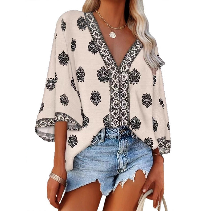 👚🌸 50% RABATT! Damen Boho-Print V-Ausschnitt Bluse – Leicht, luftig & perfekt für Sommer, Alltag & Urlaub ✨