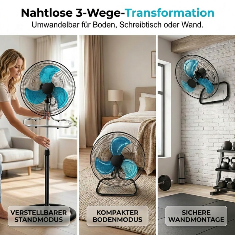 🌬️🔧 50% RABATT! Multifunktioneller 3-in-1 verstellbarer Bodenventilator – Stand-, Tisch- & Wandeinsatz, Oszillation & starker Luftstrom ✨
