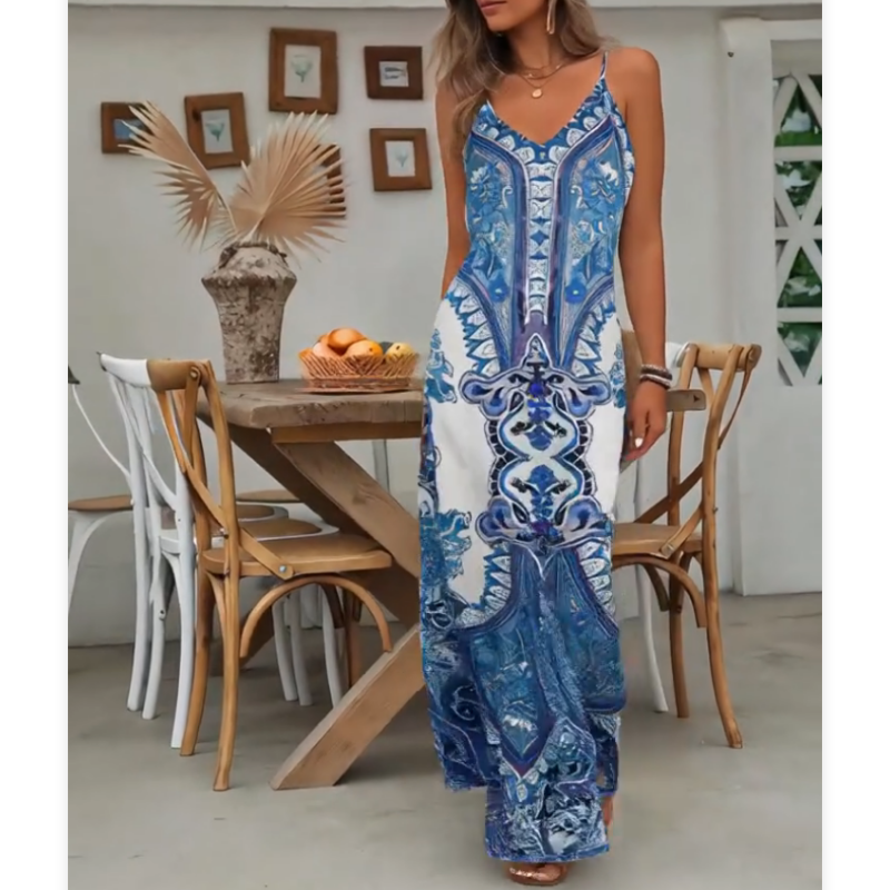 👗🌸 50% RABATT! Damen Retro-Print V-Ausschnitt Ärmellos Maxi-Kleid – Fließend, feminin & perfekt für Sommer, Strand & besondere Anlässe ✨