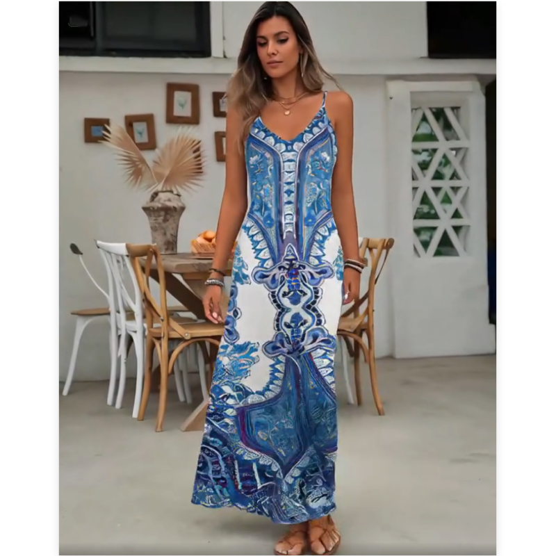 👗🌸 50% RABATT! Damen Retro-Print V-Ausschnitt Ärmellos Maxi-Kleid – Fließend, feminin & perfekt für Sommer, Strand & besondere Anlässe ✨