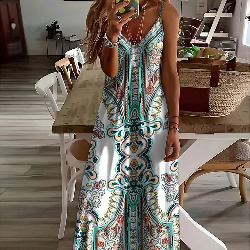 👗🌸 50% RABATT! Damen Retro-Print V-Ausschnitt Ärmellos Maxi-Kleid – Fließend, feminin & perfekt für Sommer, Strand & besondere Anlässe ✨