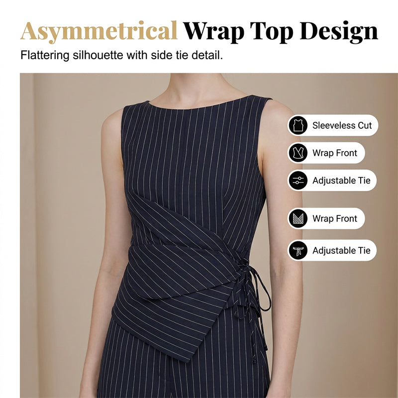 💼✨ Damen Nadelstreifen-Jumpsuit mit Wickelgürtel – Eleganter Einteiler, Schmeichelhafter V-Ausschnitt & Weites Bein, Mühelos vom Büro zum Abendessen