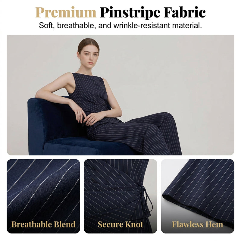 💼✨ Damen Nadelstreifen-Jumpsuit mit Wickelgürtel – Eleganter Einteiler, Schmeichelhafter V-Ausschnitt & Weites Bein, Mühelos vom Büro zum Abendessen