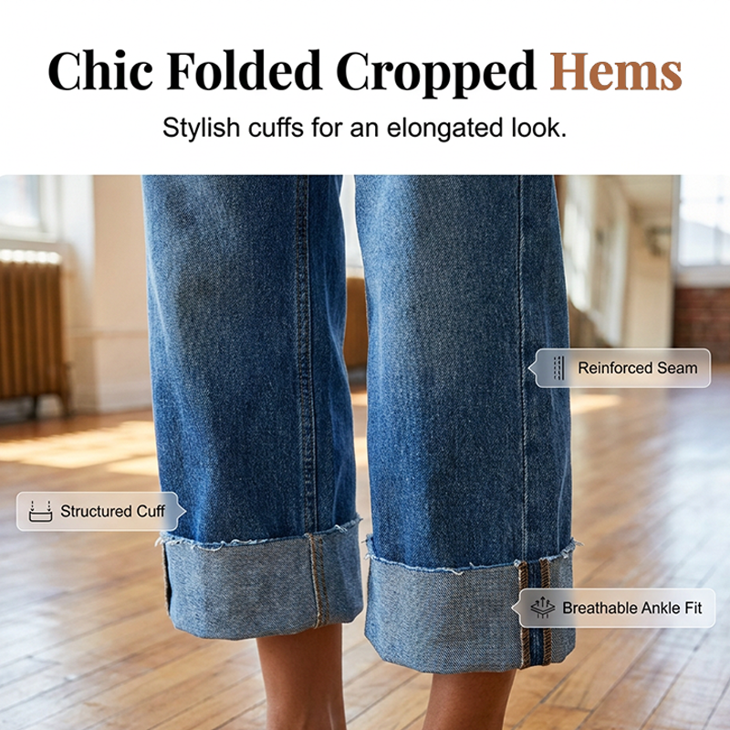 👖⏰ 50% RABATT – NUR FÜR KURZE ZEIT! Figurschmeichelnde Cropped Denim-Jeans mit hoher Taille & weiter Beinweite – 3-facher Knopfverschluss, umgeschlagene Säume & atmungsaktive Qualität ✨