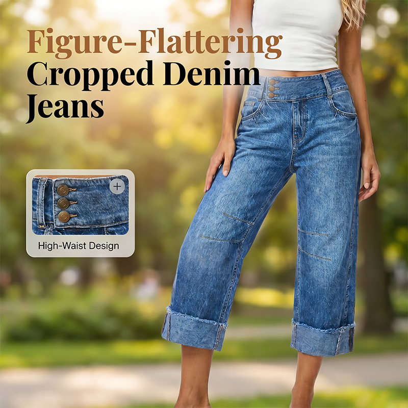 👖⏰ 50% RABATT – NUR FÜR KURZE ZEIT! Figurschmeichelnde Cropped Denim-Jeans mit hoher Taille & weiter Beinweite – 3-facher Knopfverschluss, umgeschlagene Säume & atmungsaktive Qualität ✨