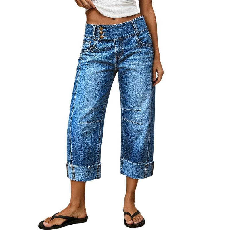 👖⏰ 50% RABATT – NUR FÜR KURZE ZEIT! Figurschmeichelnde Cropped Denim-Jeans mit hoher Taille & weiter Beinweite – 3-facher Knopfverschluss, umgeschlagene Säume & atmungsaktive Qualität ✨
