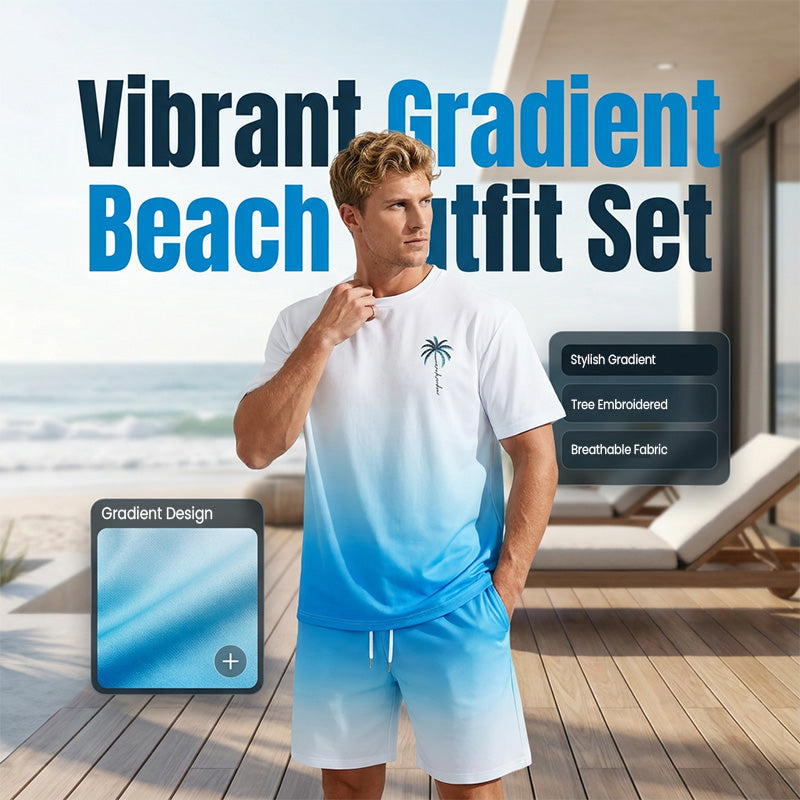 👕🌴 50% RABATT – NUR FÜR KURZE ZEIT! 2-teiliges Sommer-Set für Herren – Kurzarm-Shirt & Shorts mit Palmen-Print & Farbverlauf, atmungsaktiv, bequem & perfekt für Strand, Urlaub & Alltag 🌅✨