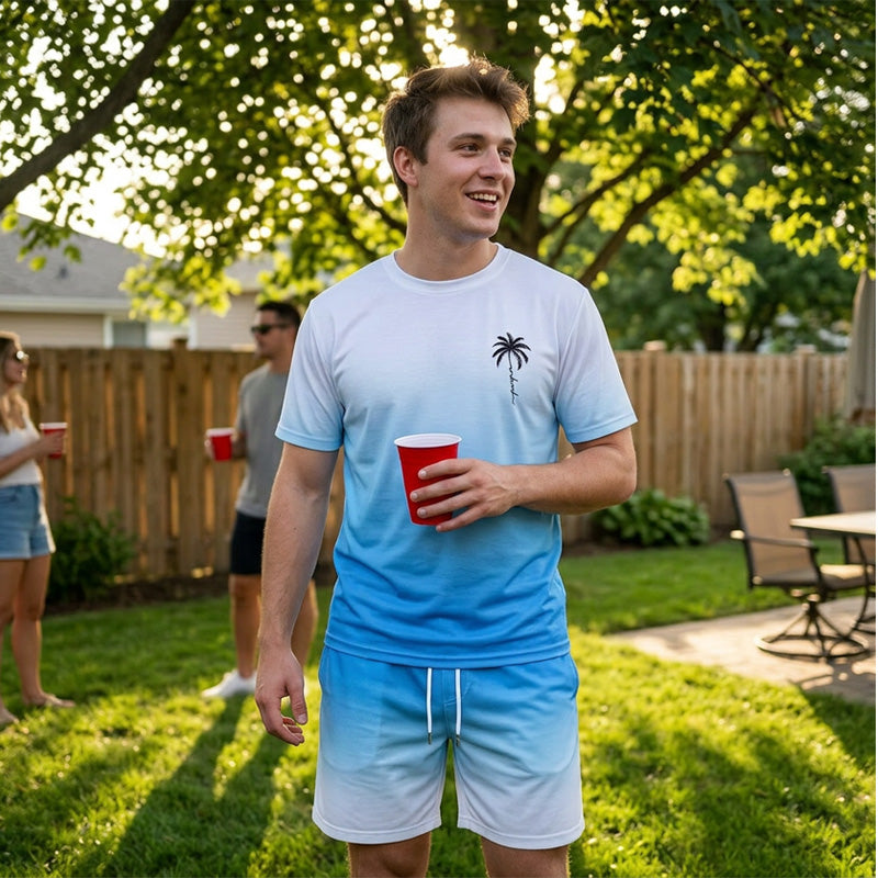 👕🌴 50% RABATT – NUR FÜR KURZE ZEIT! 2-teiliges Sommer-Set für Herren – Kurzarm-Shirt & Shorts mit Palmen-Print & Farbverlauf, atmungsaktiv, bequem & perfekt für Strand, Urlaub & Alltag 🌅✨