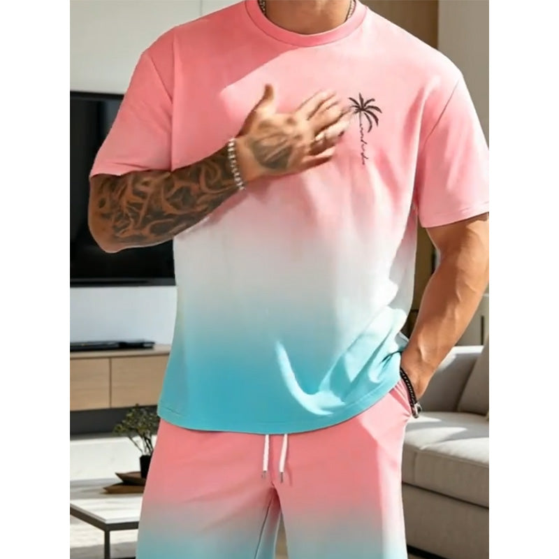 👕🌴 50% RABATT – NUR FÜR KURZE ZEIT! 2-teiliges Sommer-Set für Herren – Kurzarm-Shirt & Shorts mit Palmen-Print & Farbverlauf, atmungsaktiv, bequem & perfekt für Strand, Urlaub & Alltag 🌅✨
