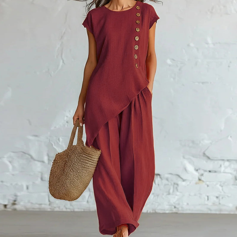 👗🌺 50% RABATT! 2-teiliges Set aus Oberteil mit asymmetrischem Saum & Hose für Damen – Modern, feminin & perfekt für Sommer, Büro & Alltag ✨