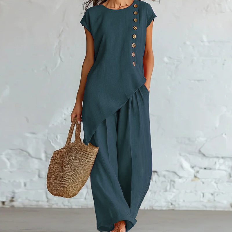 👗🌺 50% RABATT! 2-teiliges Set aus Oberteil mit asymmetrischem Saum & Hose für Damen – Modern, feminin & perfekt für Sommer, Büro & Alltag ✨
