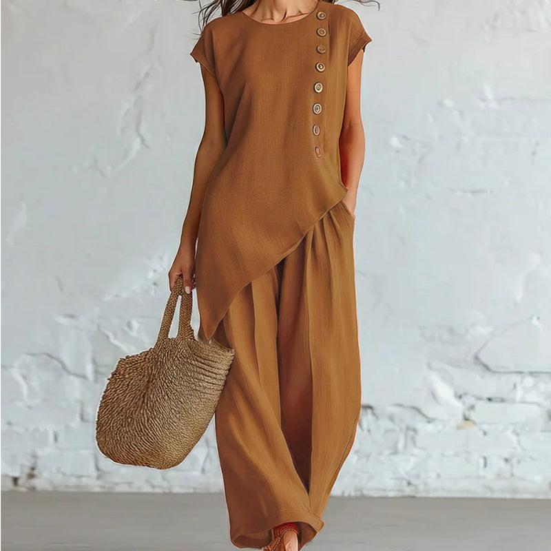 👗🌺 50% RABATT! 2-teiliges Set aus Oberteil mit asymmetrischem Saum & Hose für Damen – Modern, feminin & perfekt für Sommer, Büro & Alltag ✨