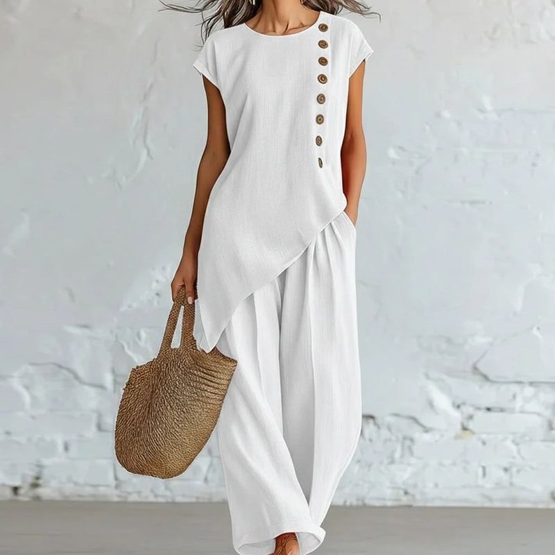 👗🌺 50% RABATT! 2-teiliges Set aus Oberteil mit asymmetrischem Saum & Hose für Damen – Modern, feminin & perfekt für Sommer, Büro & Alltag ✨