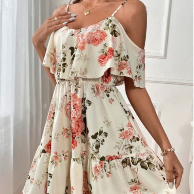 👗🌸 50 % RABATT! Damen Boho Blumenprint Cold-Shoulder-Kleid – Leicht, fließend & perfekt für Sommer, Strand & Gartenparty ✨