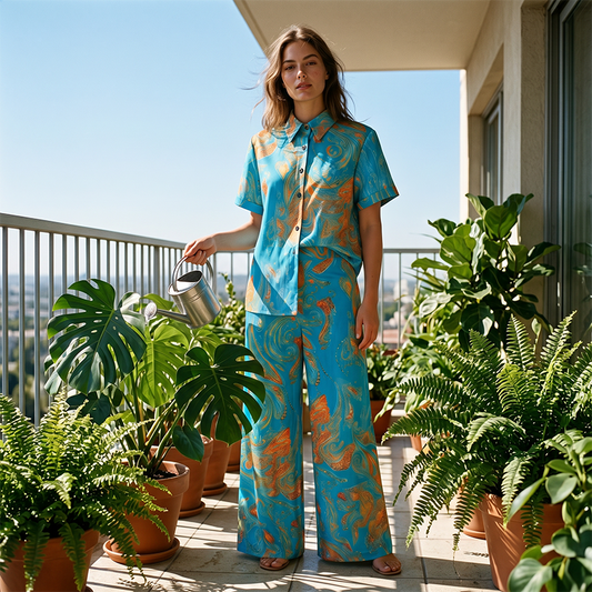 👚🌴 50% RABATT! 2-teiliges Freizeit-Set für Damen – Bedrucktes Hemd mit Kragen & gerade geschnittene Hose mit Taschen, luftig & vielseitig kombinierbar ✨