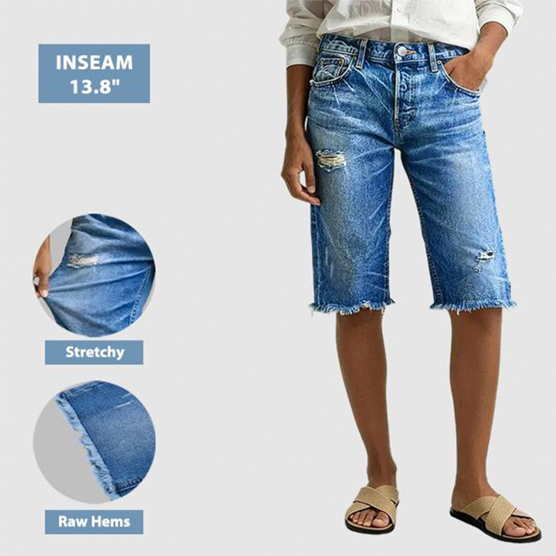 👖💙 NUR KURZE ZEIT: 50% RABATT! Damen Stretch Bermuda Jeans-Shorts – Vintage Used-Look, Destroy-Details, elastischer Stoff für maximalen Komfort ✨