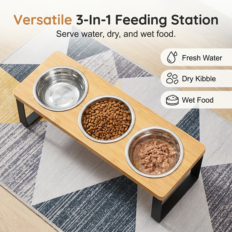 Elevated 3-Bowl Pet Feeder Station