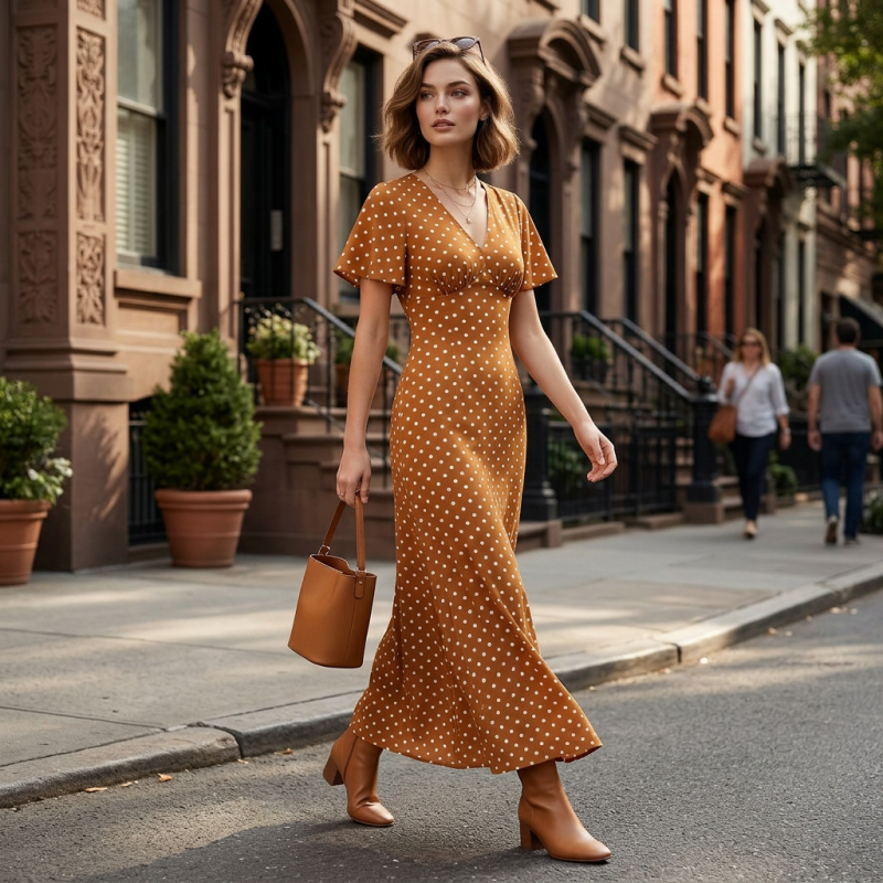 👗 ZEITLICH BEGRENZTER 50% RABATT! ✨ Damen V-Ausschnitt Gepunktetes Maxikleid – Flatterärmel, Figurbetonend, Atmungsaktiv 🎀