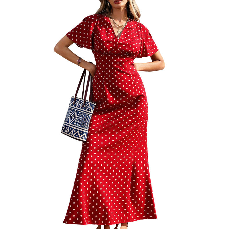 👗 ZEITLICH BEGRENZTER 50% RABATT! ✨ Damen V-Ausschnitt Gepunktetes Maxikleid – Flatterärmel, Figurbetonend, Atmungsaktiv 🎀