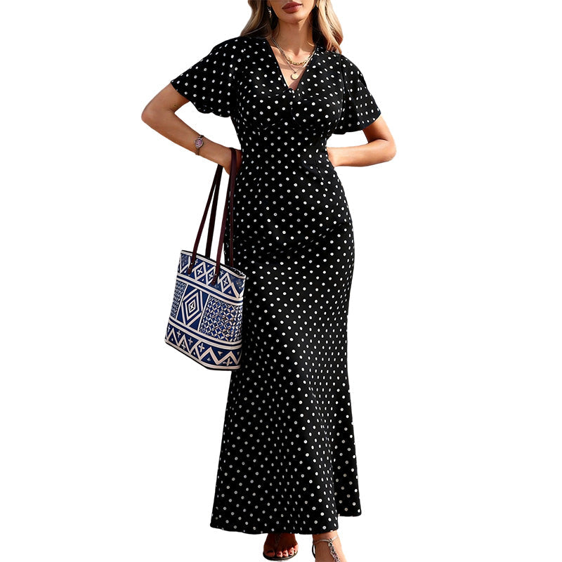 👗 ZEITLICH BEGRENZTER 50% RABATT! ✨ Damen V-Ausschnitt Gepunktetes Maxikleid – Flatterärmel, Figurbetonend, Atmungsaktiv 🎀