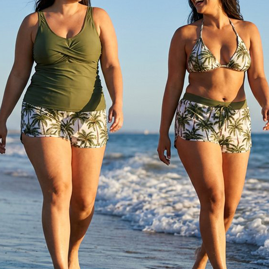 🌊 50 % RABATT FÜR BEGRENZTE ZEIT! 👙 Plus Size 3-teiliges Badeset – Tankini Top, Neckholder Bikini & Palmenprint Badeshorts, figurfreundlich für Strand & Pool