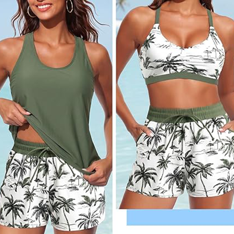 🌊 50 % RABATT FÜR BEGRENZTE ZEIT! 👙 Plus Size 3-teiliges Badeset – Tankini Top, Neckholder Bikini & Palmenprint Badeshorts, figurfreundlich für Strand & Pool