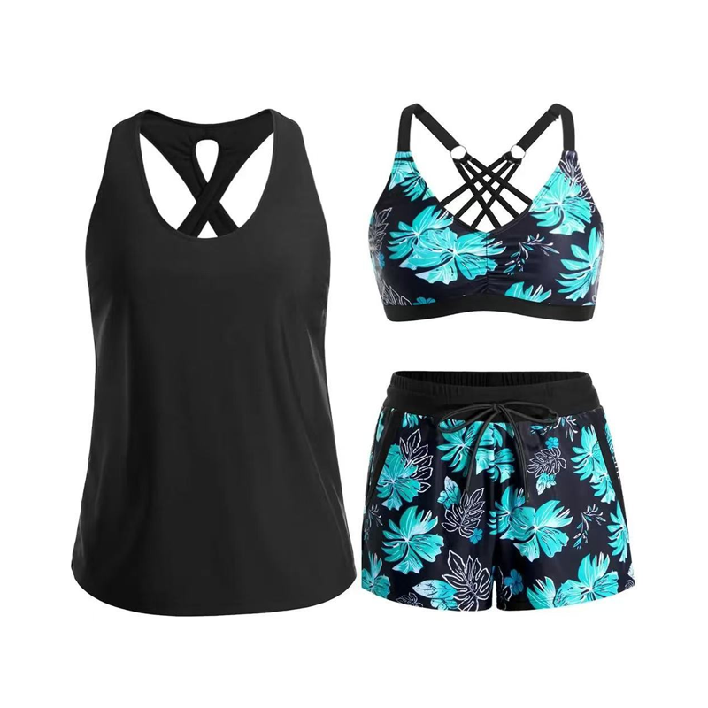 🌊 50 % RABATT FÜR BEGRENZTE ZEIT! 👙 Plus Size 3-teiliges Badeset – Tankini Top, Neckholder Bikini & Palmenprint Badeshorts, figurfreundlich für Strand & Pool