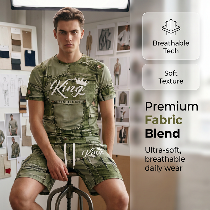 🔥Solange der Vorrat reicht 50 % Rabatt!🎉Herren Lässiges Kunstdenim-Print T-Shirt & Shorts Set