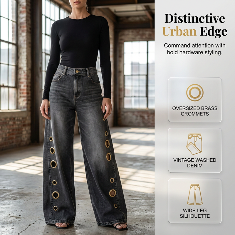 💃 Women's Wide-Leg Grommet Jeans – High-rise fit, elongating wide leg & silver-tone grommet accents. A vintage-inspired staple with a modern attitude 🌿