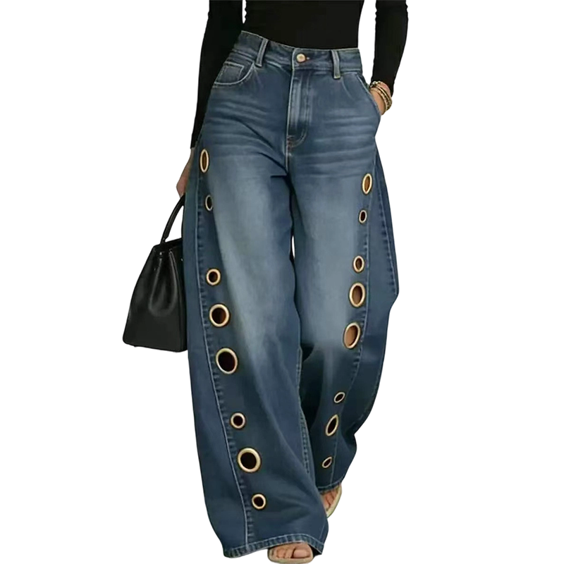 💃 Women's Wide-Leg Grommet Jeans – High-rise fit, elongating wide leg & silver-tone grommet accents. A vintage-inspired staple with a modern attitude 🌿