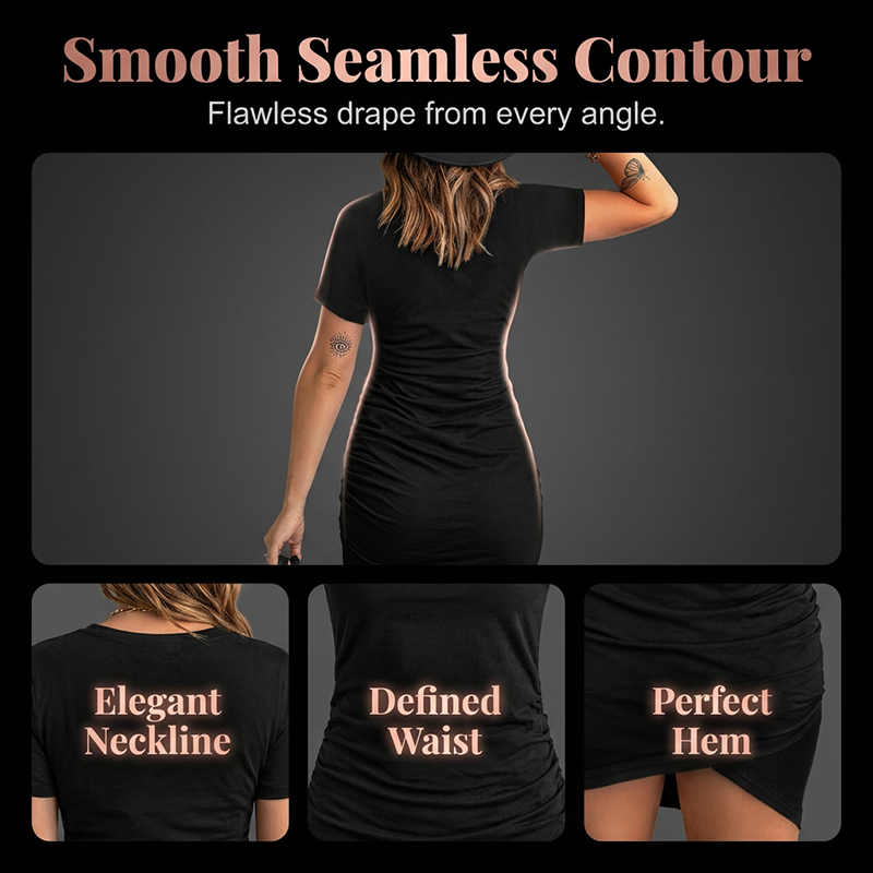 👗✨ NEUE PREMIUM KOLLEKTION – 50% RABATT! Damen Bodycon Midikleid mit Seitenraffung – Kurzarm Rundhals, asymmetrischer Saum für Büro, Dates & Alltag 🌸