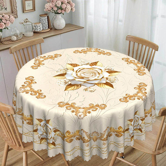 🛍️Elegantes Tischdecken-Set mit Rose & goldgeprägtem Muster – wasserdicht, ölbeständig & stilvoll – ideal für Esstisch, Couchtisch & Wohnzimmer 🌹