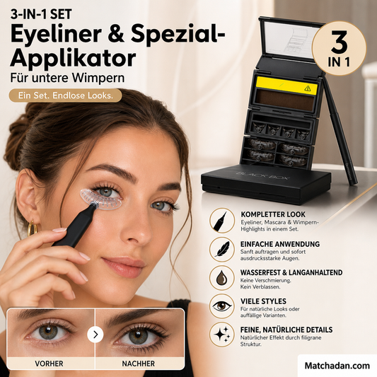 ✨ 50 % RABATT FÜR BEGRENZTE ZEIT! 👁️ 3-in-1 Augen Make-up Set – Eyeliner + Spezialapplikator für untere Wimpern, wasserfest, kinderleicht für perfekte Unterwimpern
