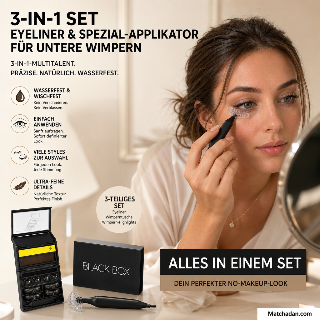 ✨ 50 % RABATT FÜR BEGRENZTE ZEIT! 👁️ 3-in-1 Augen Make-up Set – Eyeliner + Spezialapplikator für untere Wimpern, wasserfest, kinderleicht für perfekte Unterwimpern