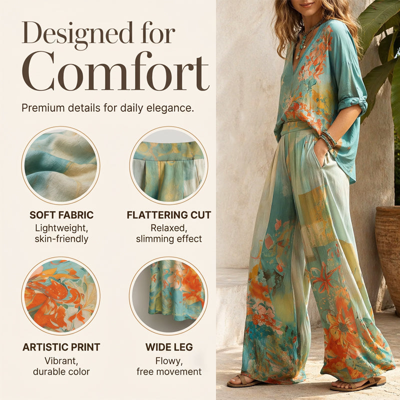 👗🎨 50% RABATT! Damen Künstlerisches Print V-Ausschnitt Top & Weite Hose Set – Kreativ, lässig & perfekt für Sommer, Alltag & Freizeit ✨