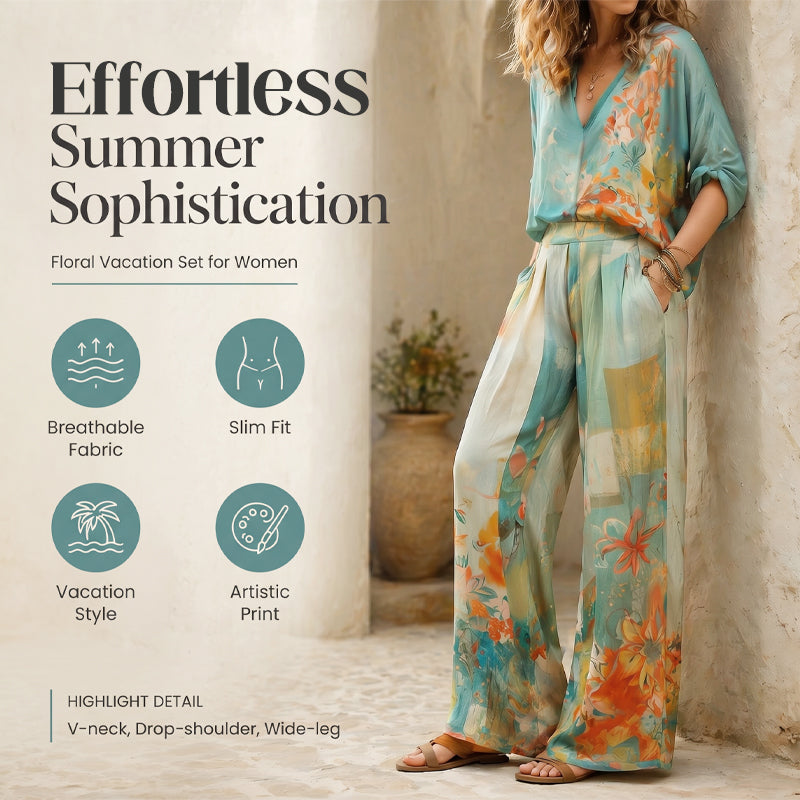👗🎨 50% RABATT! Damen Künstlerisches Print V-Ausschnitt Top & Weite Hose Set – Kreativ, lässig & perfekt für Sommer, Alltag & Freizeit ✨