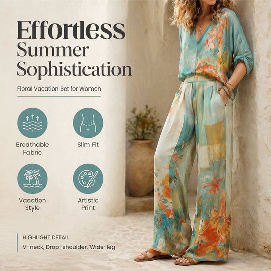 👗🎨 50% RABATT! Damen Künstlerisches Print V-Ausschnitt Top & Weite Hose Set – Kreativ, lässig & perfekt für Sommer, Alltag & Freizeit ✨