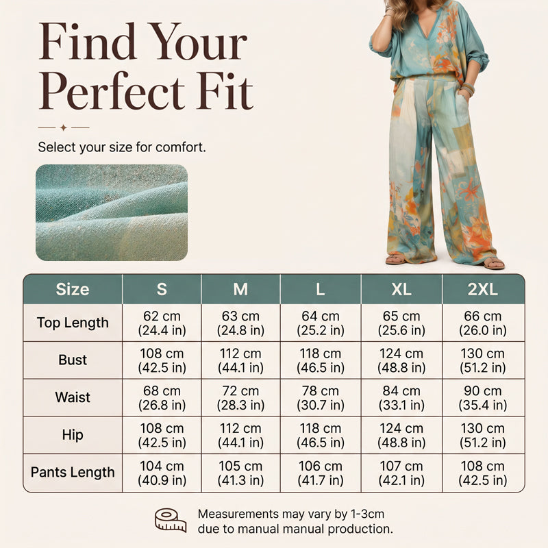 👗🎨 50% RABATT! Damen Künstlerisches Print V-Ausschnitt Top & Weite Hose Set – Kreativ, lässig & perfekt für Sommer, Alltag & Freizeit ✨