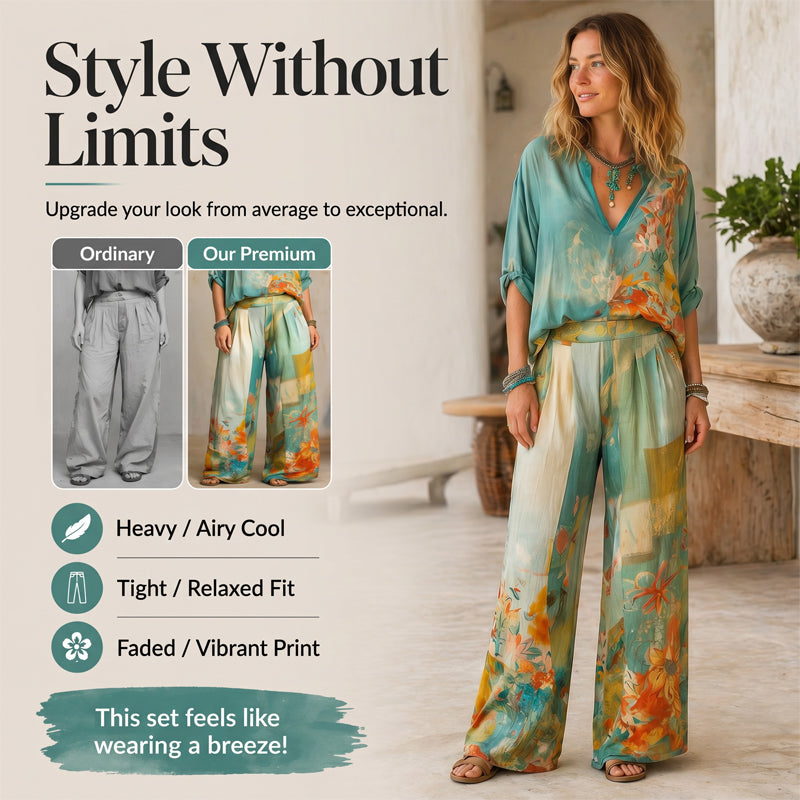 👗🎨 50% RABATT! Damen Künstlerisches Print V-Ausschnitt Top & Weite Hose Set – Kreativ, lässig & perfekt für Sommer, Alltag & Freizeit ✨