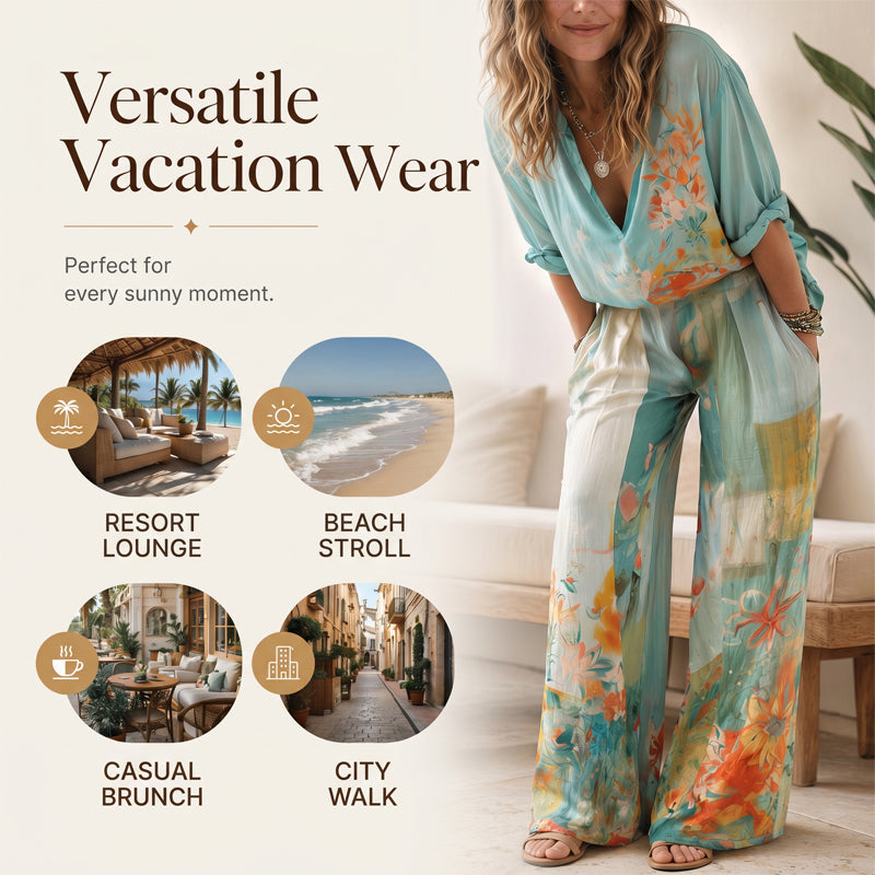 👗🎨 50% RABATT! Damen Künstlerisches Print V-Ausschnitt Top & Weite Hose Set – Kreativ, lässig & perfekt für Sommer, Alltag & Freizeit ✨