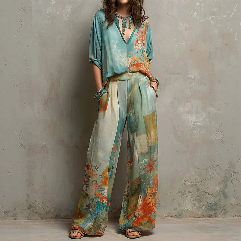👗🎨 50% RABATT! Damen Künstlerisches Print V-Ausschnitt Top & Weite Hose Set – Kreativ, lässig & perfekt für Sommer, Alltag & Freizeit ✨