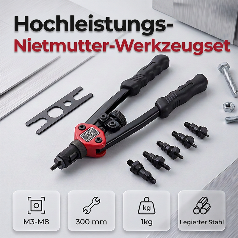 🛠️ Doppelgriff-Nietmuttern-Werkzeugset – Profi-Set mit werkzeuglosem Dornwechsel – M3–M12, kraftsparende Doppelhebel, blind setzbar in Blech & Profil – Stabil, präzise & sofort startklar 🔩
